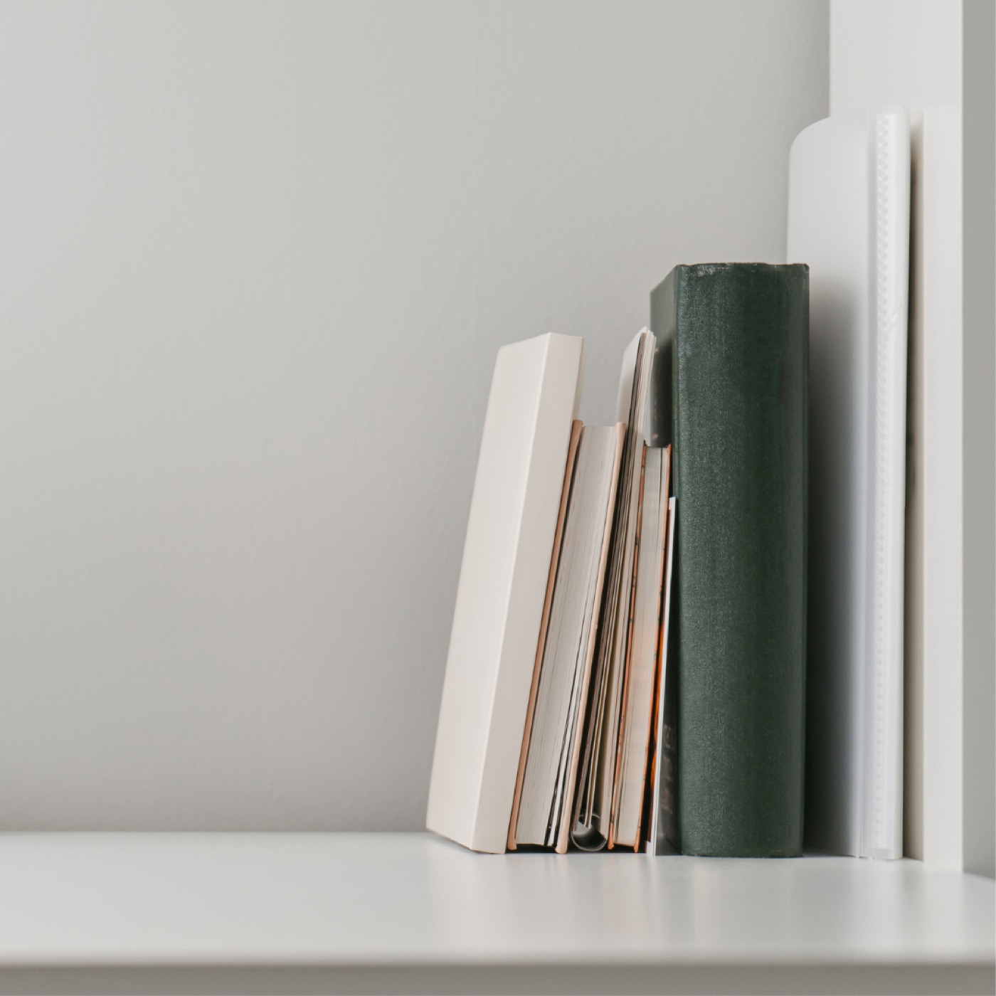 Books leaning on a white shelf