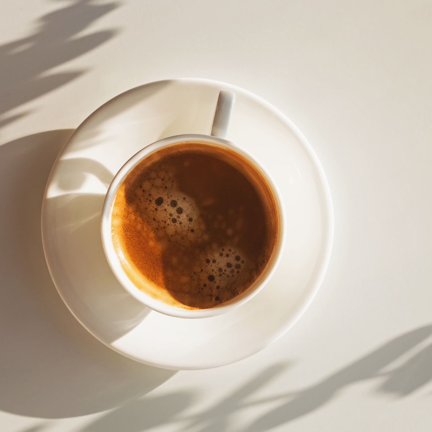 An espresso cup in soft window shadows