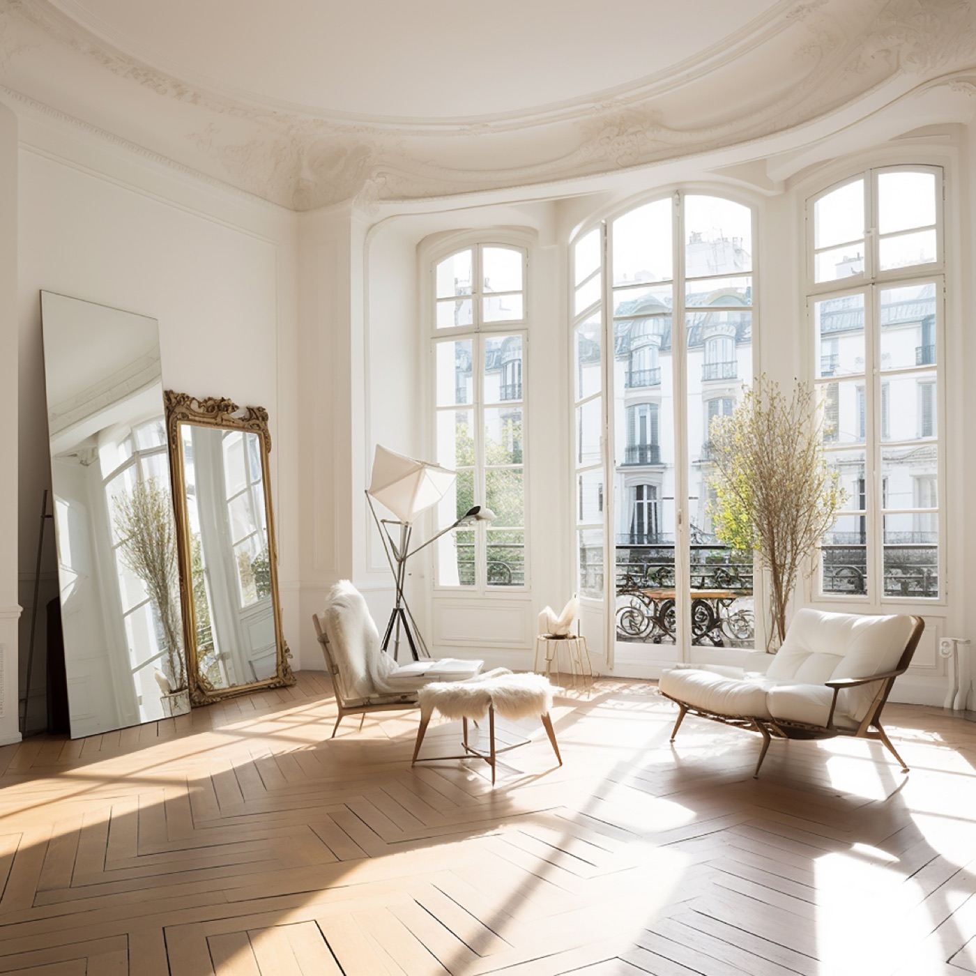A sunlit room with tall windows